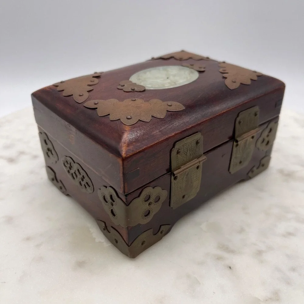 Vintage Chinese Carved Inlay Jewelry Box Shanghai Blue Silk Wooden
